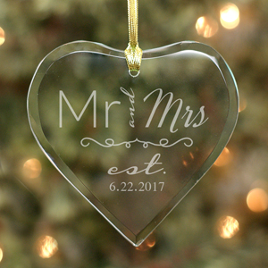 Engraved Wedding Couple Glass Heart Ornamen